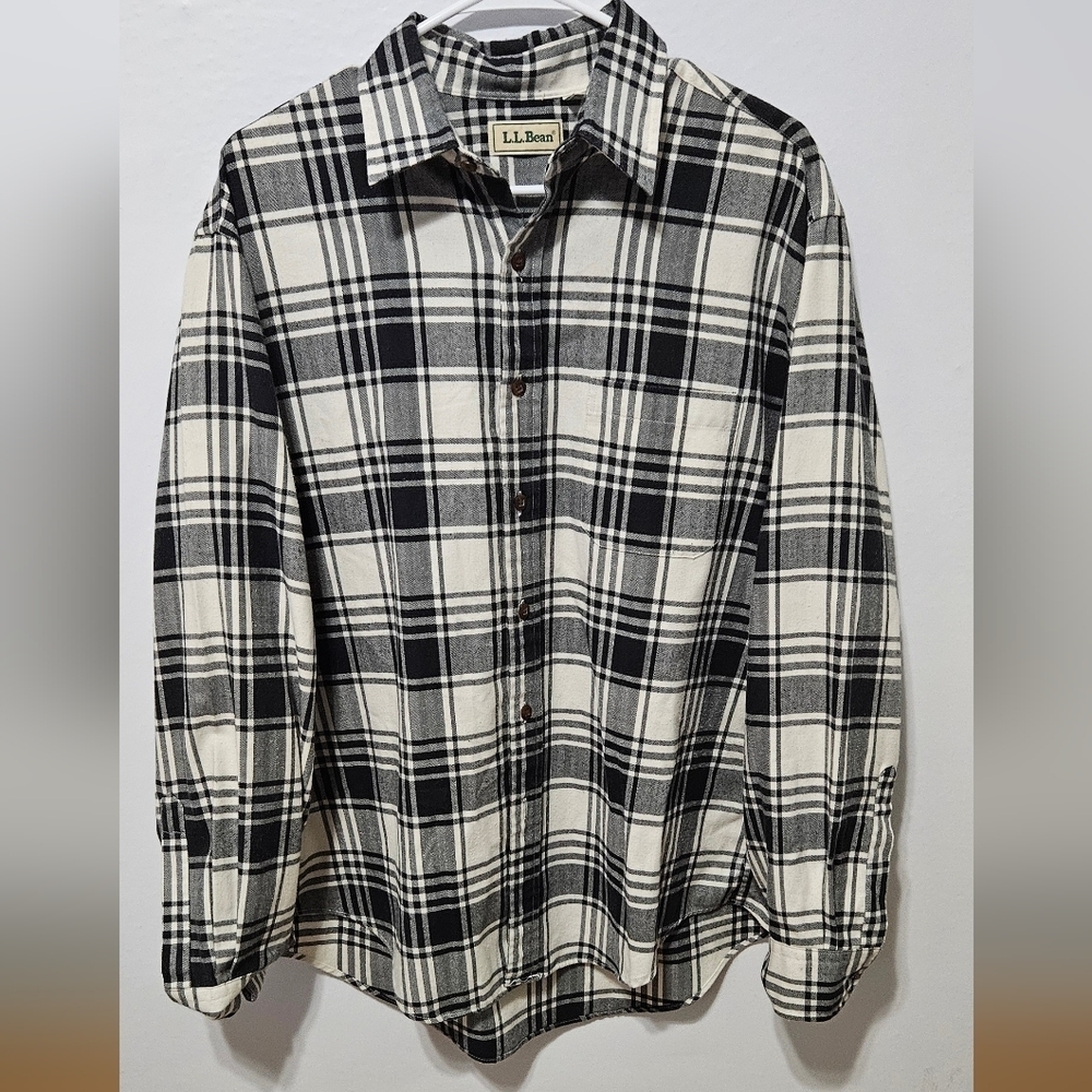 LL Bean Long Sleeve Flannel Shirt Mens Large Black/White Tartan Plaid Button B9
